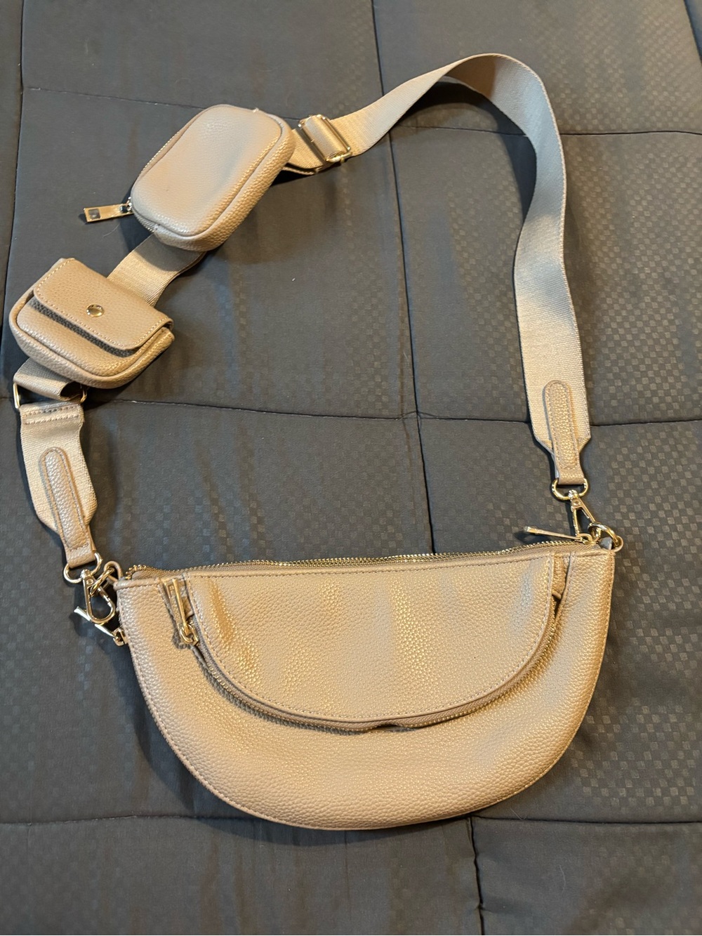Neutral Beige Crescent Crossbody Bag with Utility Strap